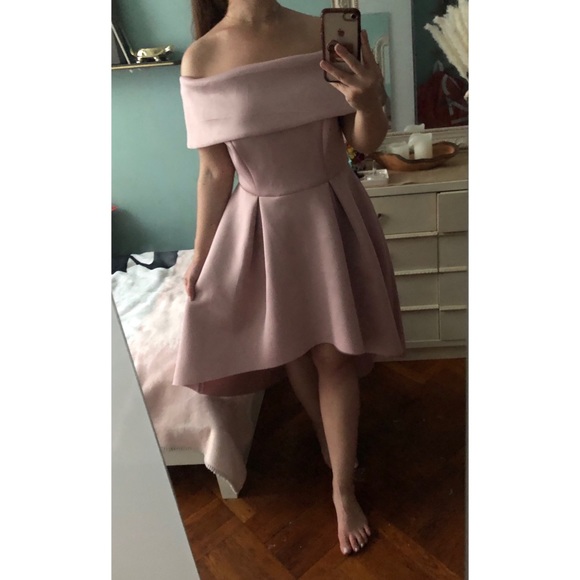 ASOS Deep Bardot Foam Scuba Dip Back Dress Mink - Picture 3 of 3